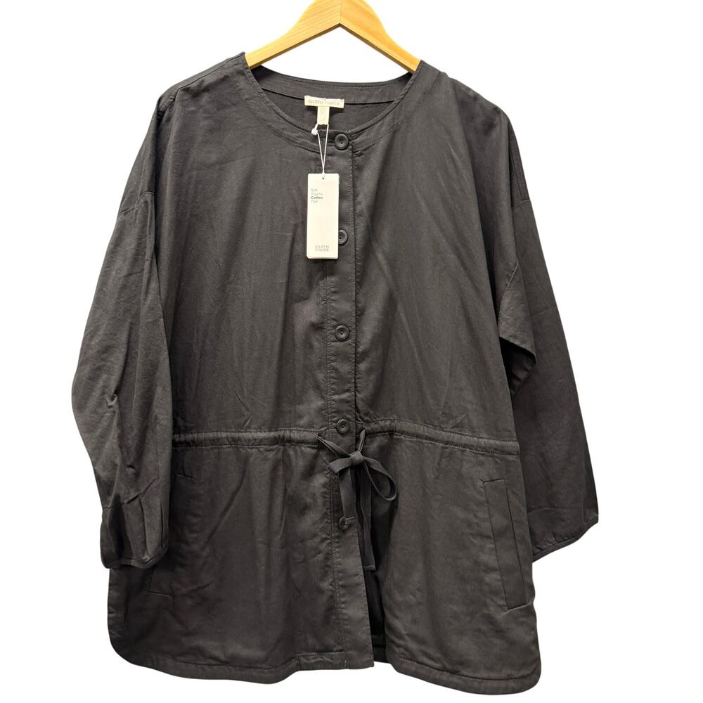 Eileen Fisher Jacket Soft Organic Cotton Twill Black‎ Lagenlook Womens Large NEW